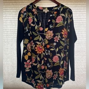 Ann Taylor Loft long top that is soft knit navy in the back, flowered in front